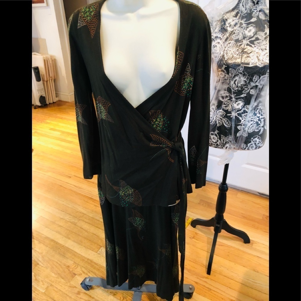 Diane Von Furstenberg DVF size 12 skirt set brown print wrap top & bias cut - Picture 9 of 16